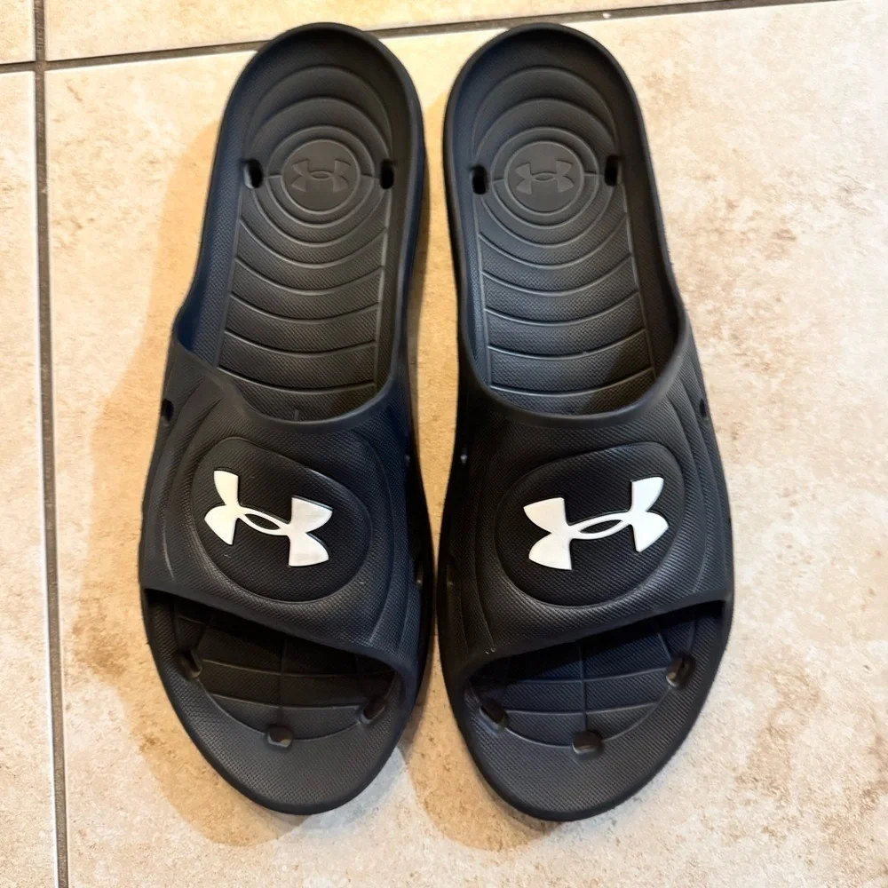 Under Armour Men's Locker Slides Sandals, Black/White, Size 18 M
